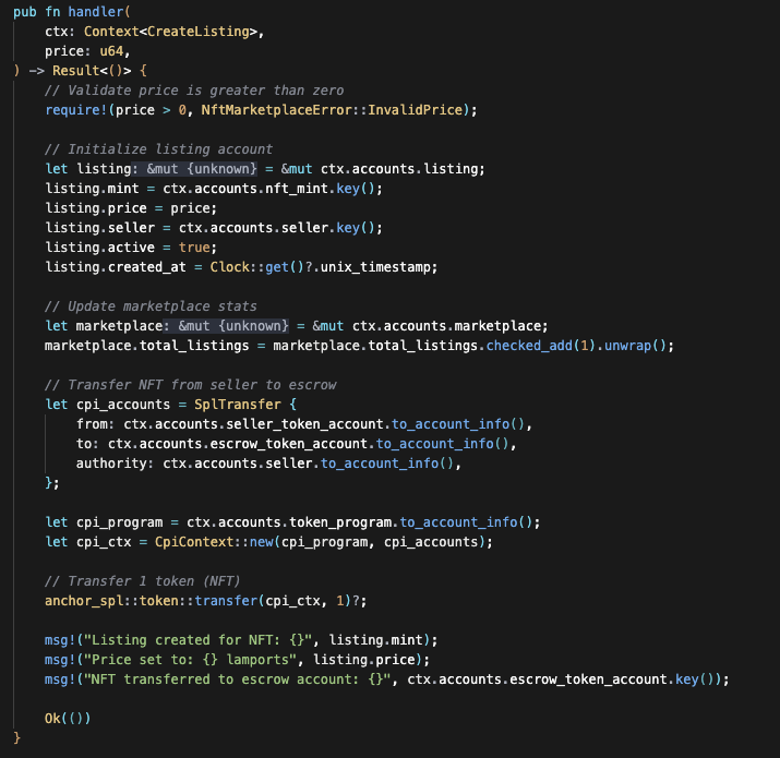 NFT logic create listing implemented