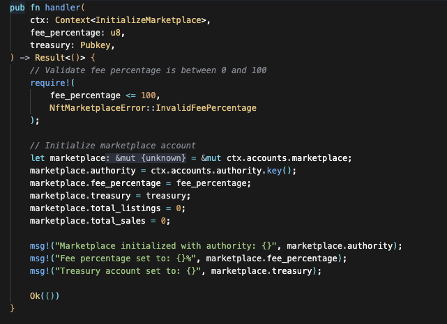 NFT logic initiliaze marketplace implemented